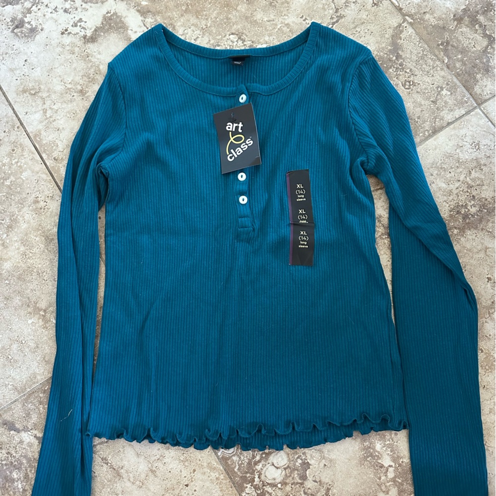 Forever 21 Teal Ribbed Long Sleeve with Buttons
